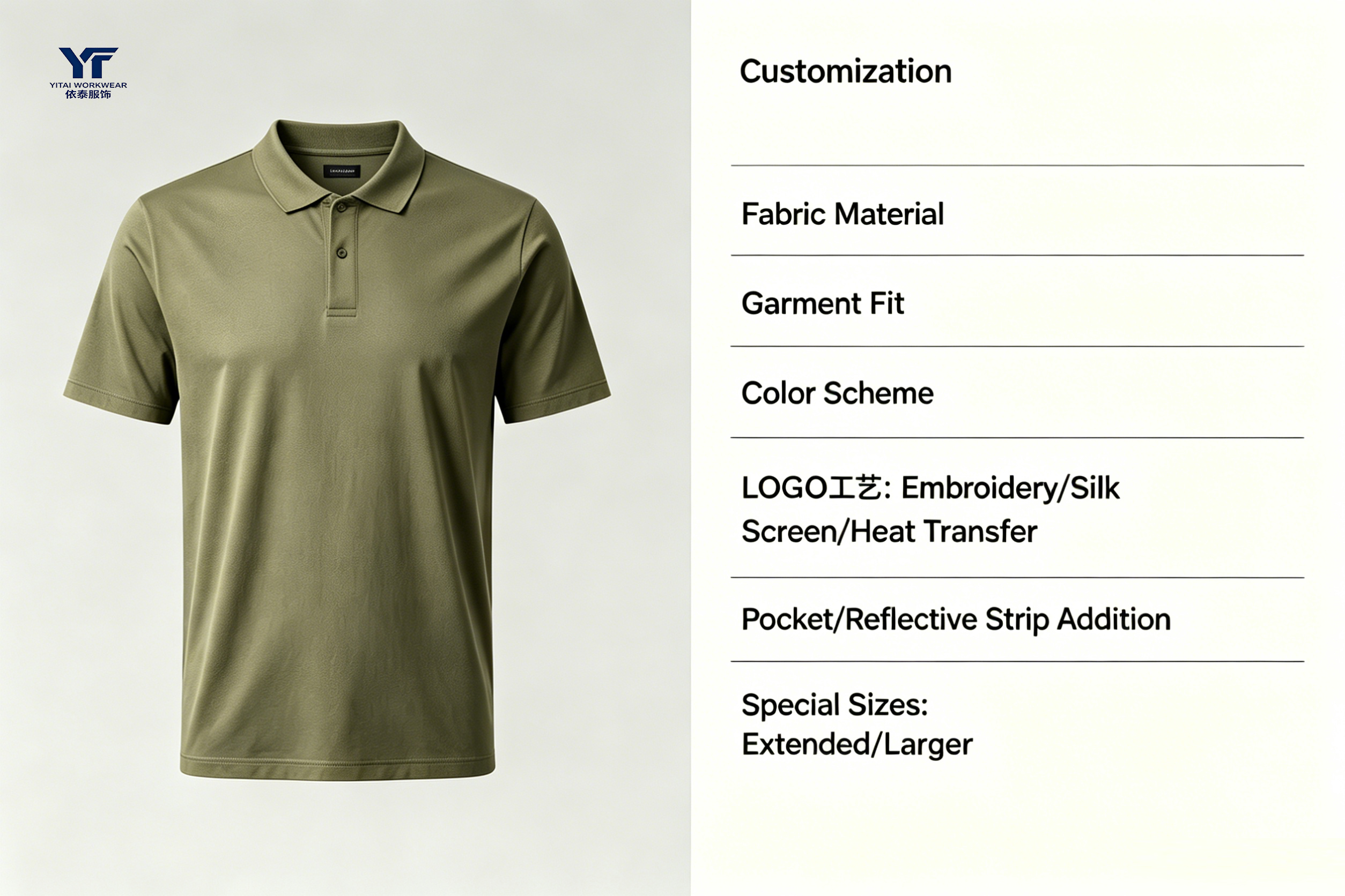 Workwear customization options: fabric, fit, color, logo, pocket and size customization
